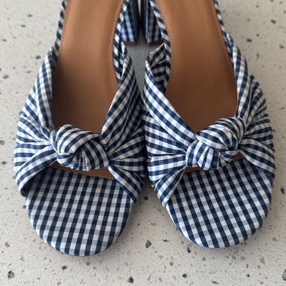 J. Crew Navy Gingham Knot Sandals Printed Mid Block Heel Women’s Size 10 EUC - Picture 14 of 14